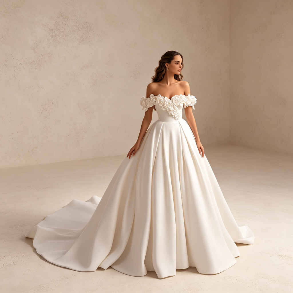 Off-Shoulder Abendkleid mit 3D-Blumen | Elegantes Satin Ballkleid Bodenlang
