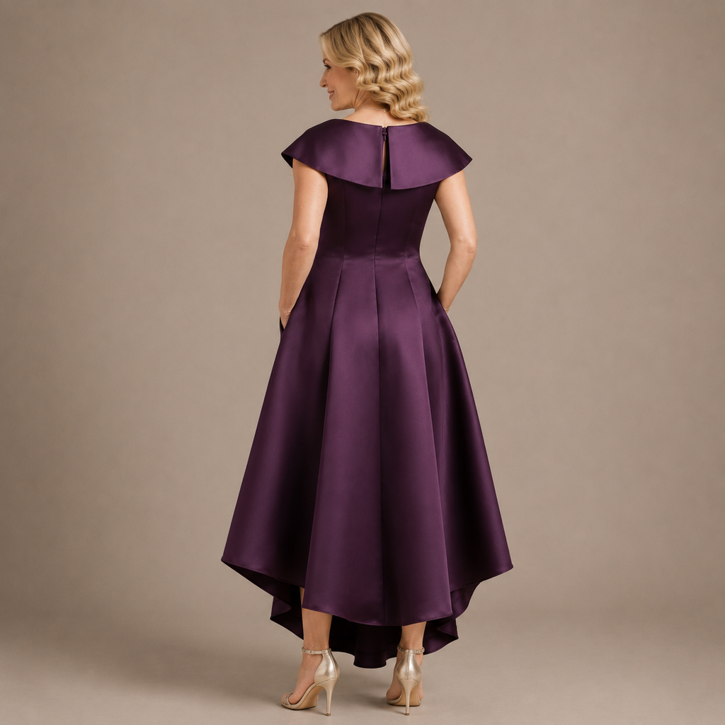 Elegantes High‑Low Festkleid für Damen, Revers‑Kragen, Kurzarm, Taschen, für Gala‑Abende und formelle Events