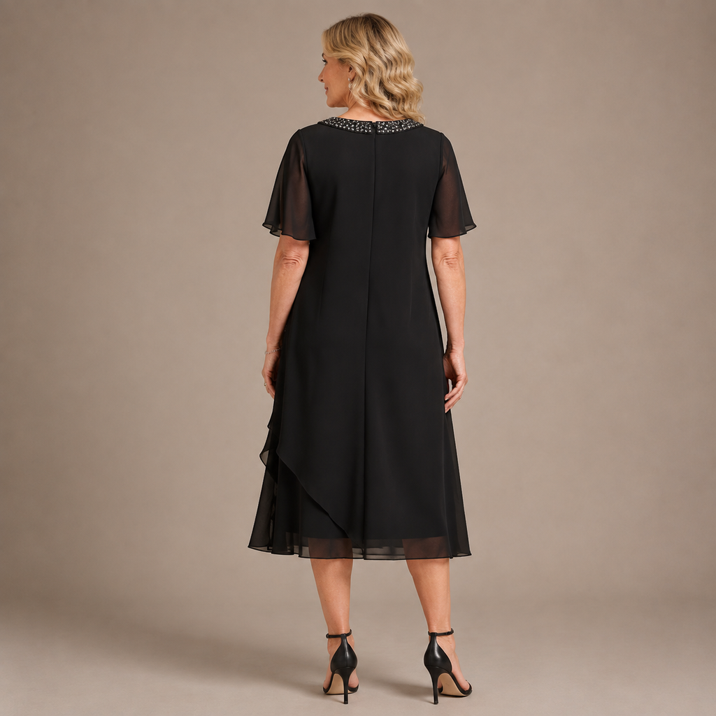 Elegantes Midi Festkleid für Damen, kurze Flügelärmel, verzierter Rundhals für Gala‑Abende und formelle Events