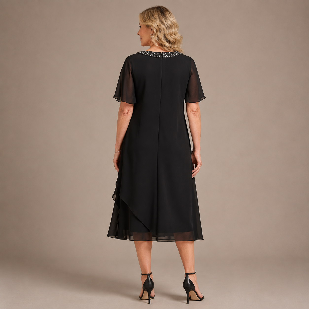 Elegantes Midi Festkleid für Damen, kurze Flügelärmel, verzierter Rundhals für Gala‑Abende und formelle Events