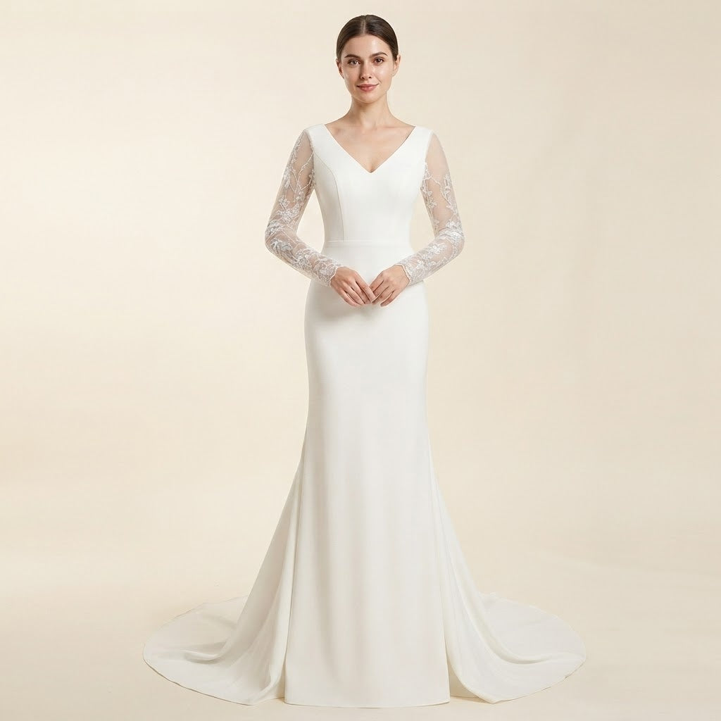 Festliches Maxikleid mit langärmeligen Spitzenärmeln, V‑Ausschnitt und mermaid‑förmigem Schnitt