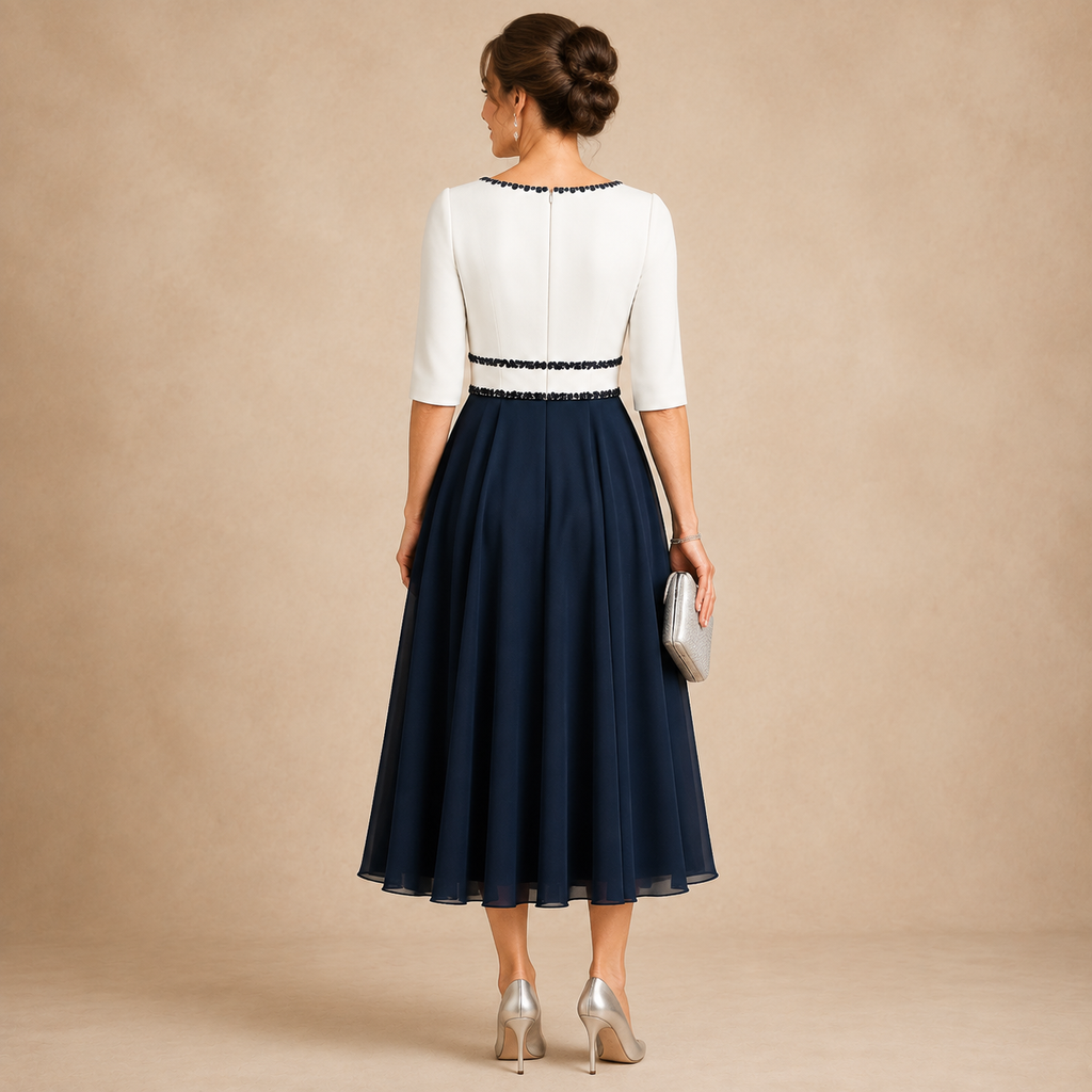 Elegantes Damen Midi‑Kleid mit 3/4‑Ärmeln, Farbblock‑Design, Steinbesatz am Ausschnitt, festliches Outfit für besondere Anlässe