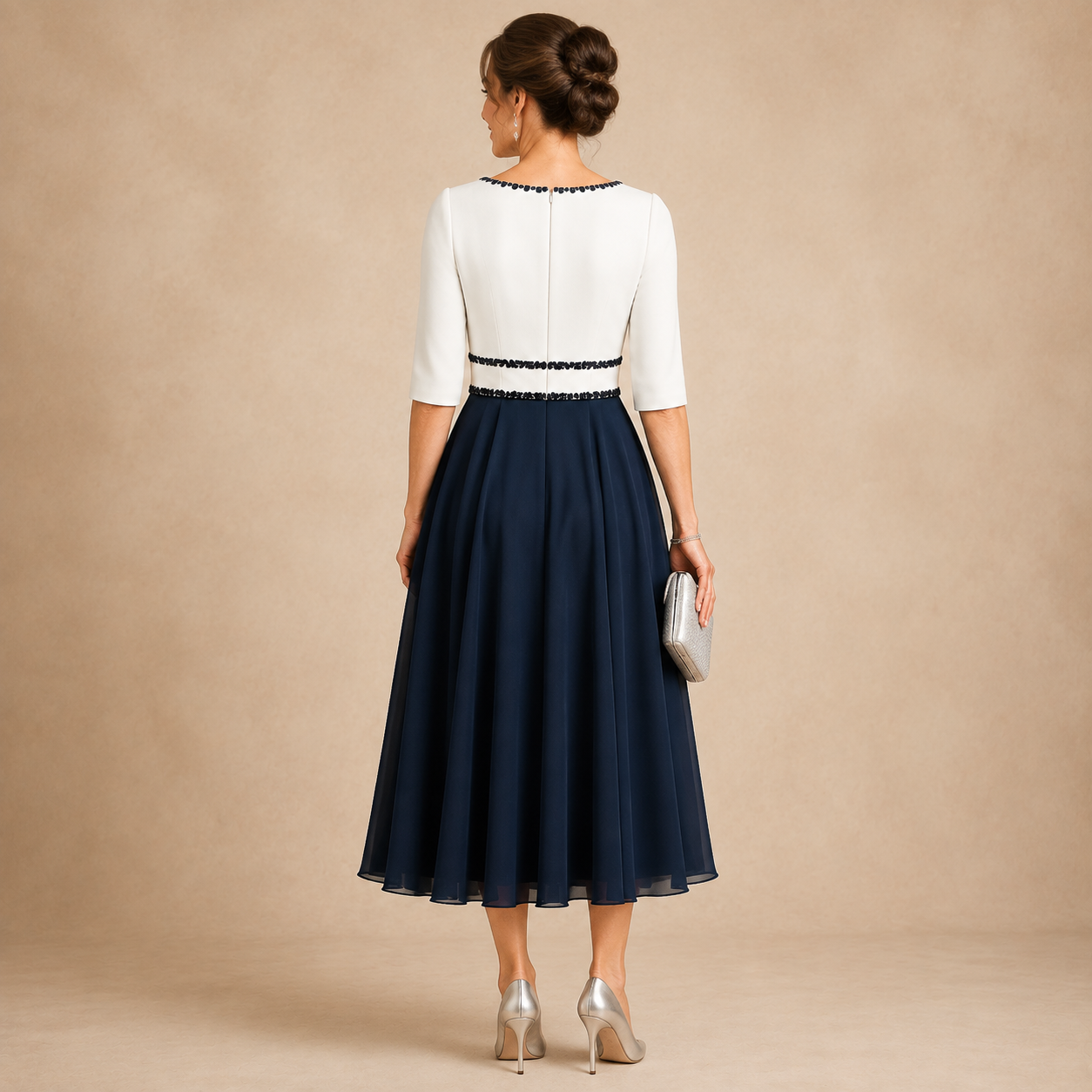 Elegantes Damen Midi‑Kleid mit 3/4‑Ärmeln, Farbblock‑Design, Steinbesatz am Ausschnitt, festliches Outfit für besondere Anlässe