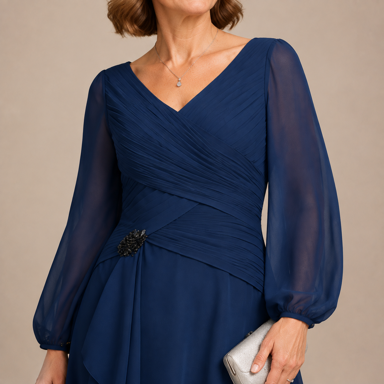 Elegantes Midi Festkleid für Damen, lange Chiffon‑Ärmel, V‑Ausschnitt, figurbetont für Gala‑Abende und formelle Events