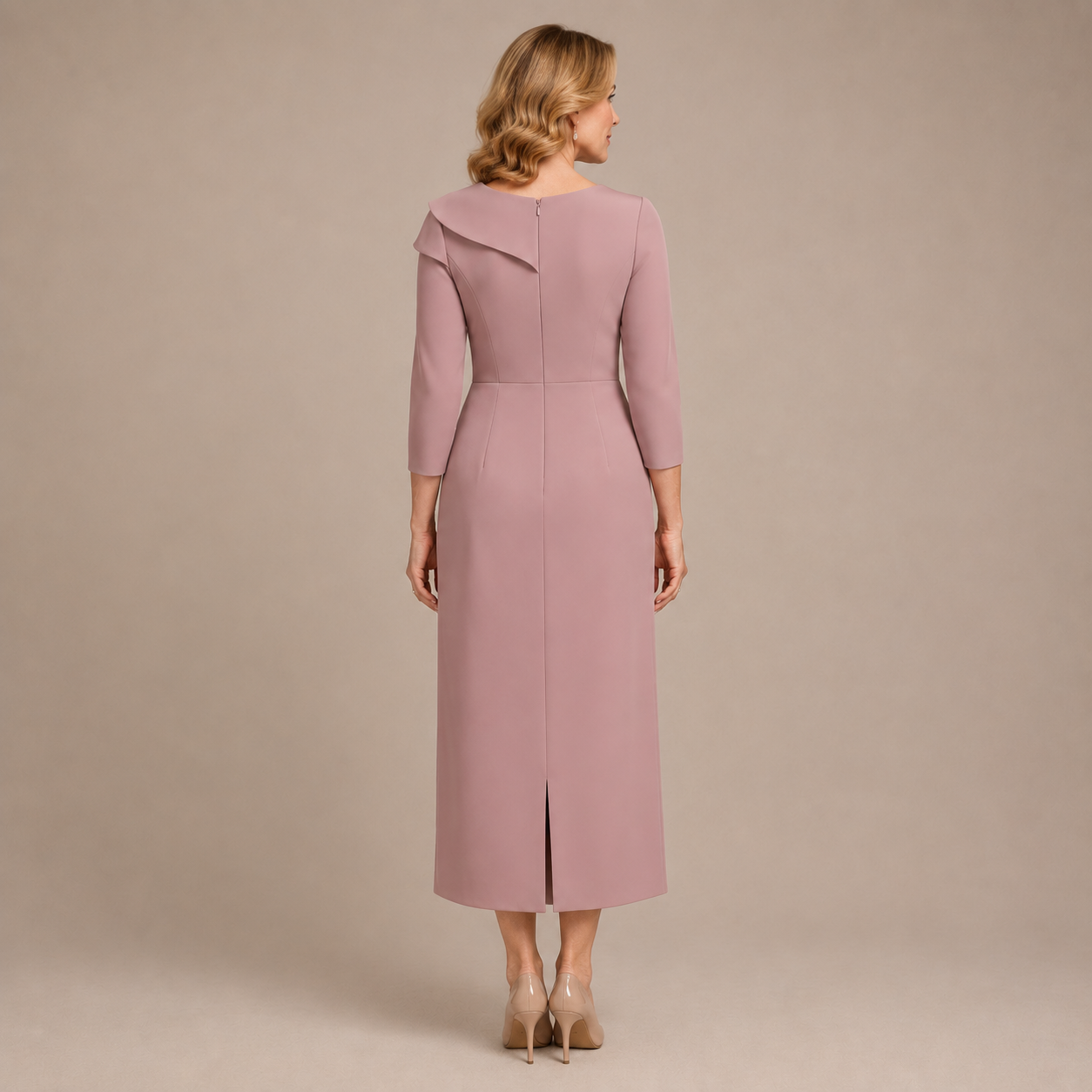 Damen Fest‑Midi‑Kleid mit dekorativer Schulterdetail, 3/4‑Arm, schmeichelnde Silhouette für formelle Events