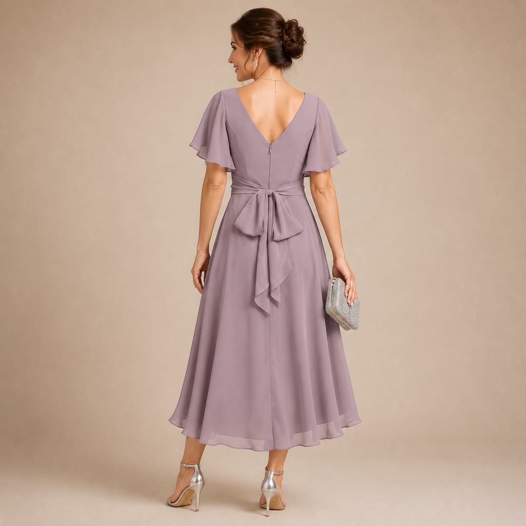 Elegantes Damen Midi‑Kleid mit V‑Ausschnitt, Flügelärmeln, asymmetrischer Rock, festliches Outfit für besondere Anlässe