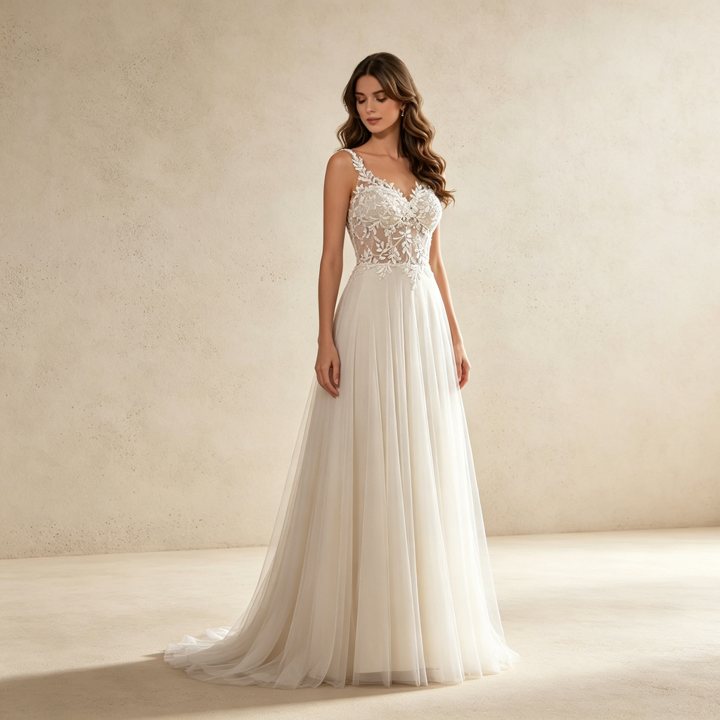 Elegant A-Linie Abendkleid mit Tüll | Träger Kleid mit Floralem Spitzen-Korsett