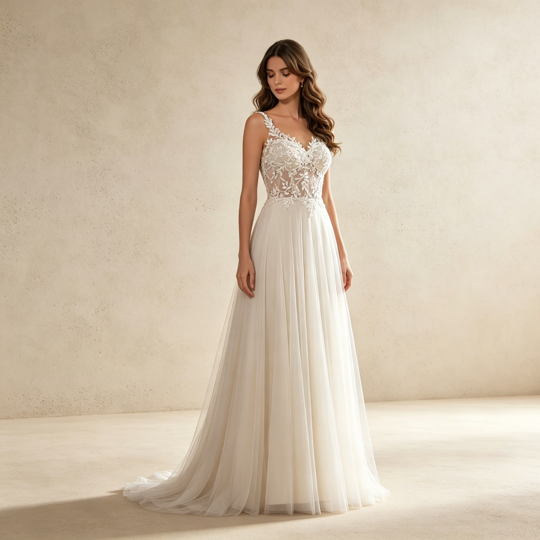 Elegant A-Linie Abendkleid mit Tüll | Träger Kleid mit Floralem Spitzen-Korsett