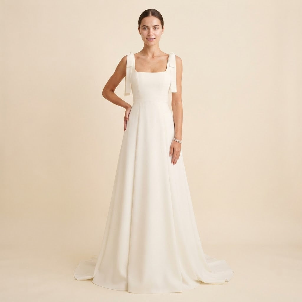 Festliches Maxikleid mit Schleifen‑Trägern, Square‑Ausschnitt und tiefem Rückenausschnitt