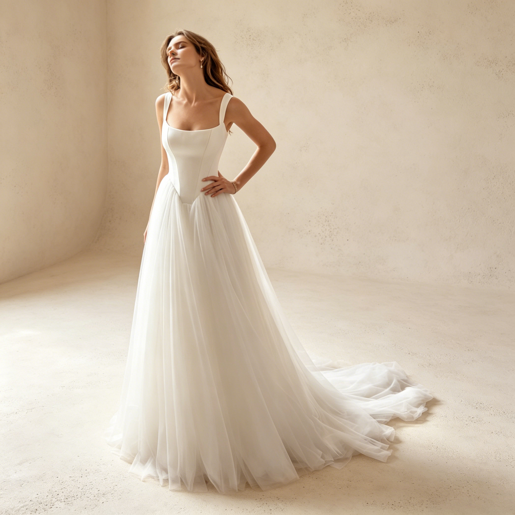Elegantes Korsett-Abendkleid mit Tüll | Maxikleid mit Eckigem Ausschnitt Weiß