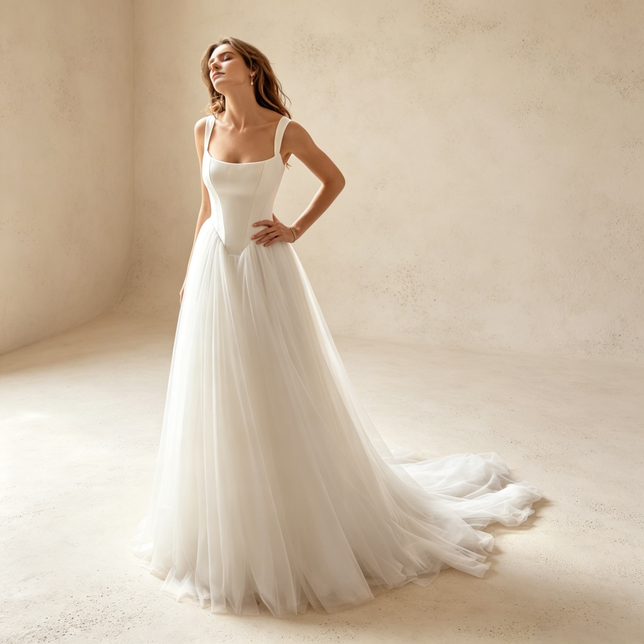 Elegantes Korsett-Abendkleid mit Tüll | Maxikleid mit Eckigem Ausschnitt Weiß