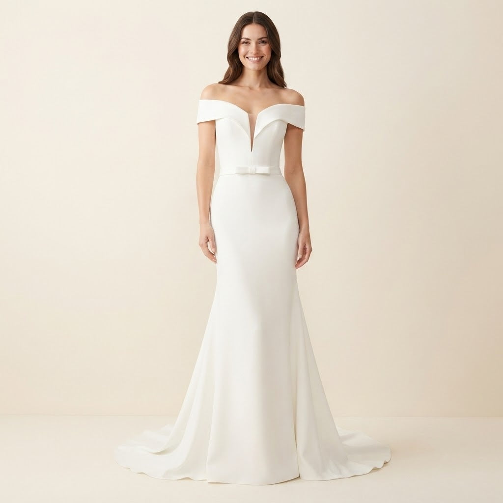 Damen bodenlanges Festkleid mit umgeschlagenem Bardot‑Ausschnitt, taillenbetonend mit auslaufender Schleppe