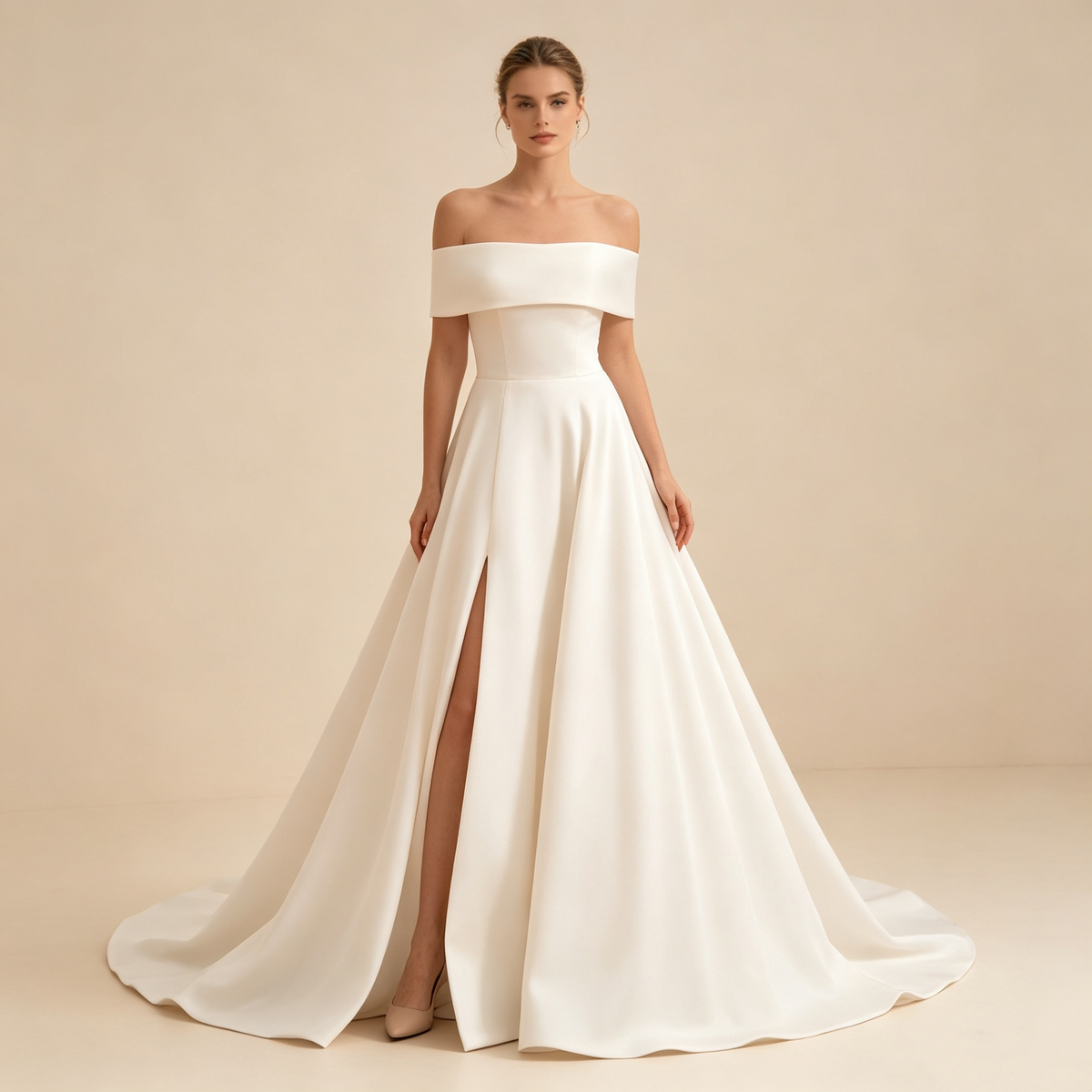 Elegantes Bardot Langkleid für Damen mit Rockschlitz und großer Schleppe festliches Abendkleid