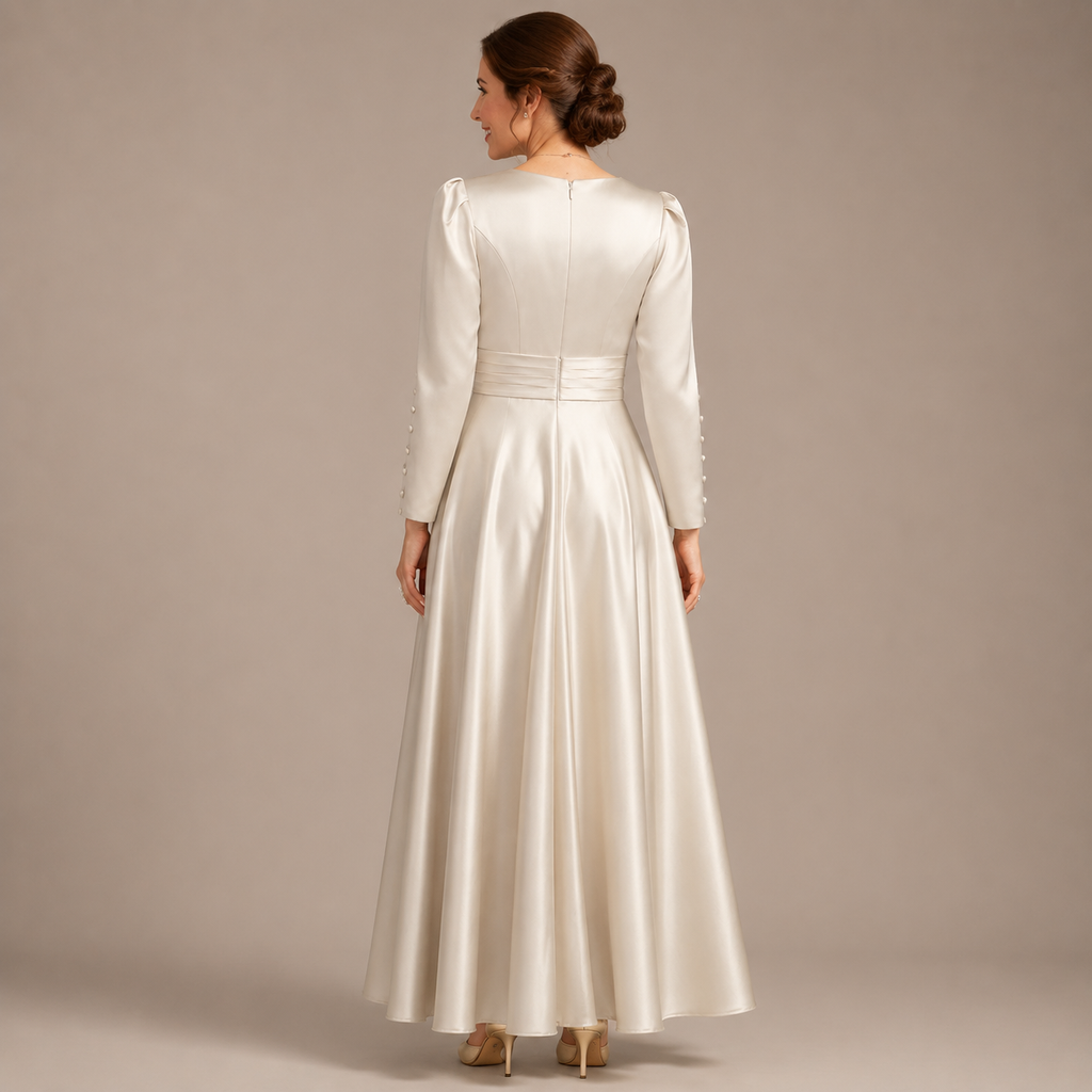 Elegantes Maxi‑Kleid Damen mit Langarm, V‑Ausschnitt, Taillenbänder, fließender Festlook für besondere Anlässe