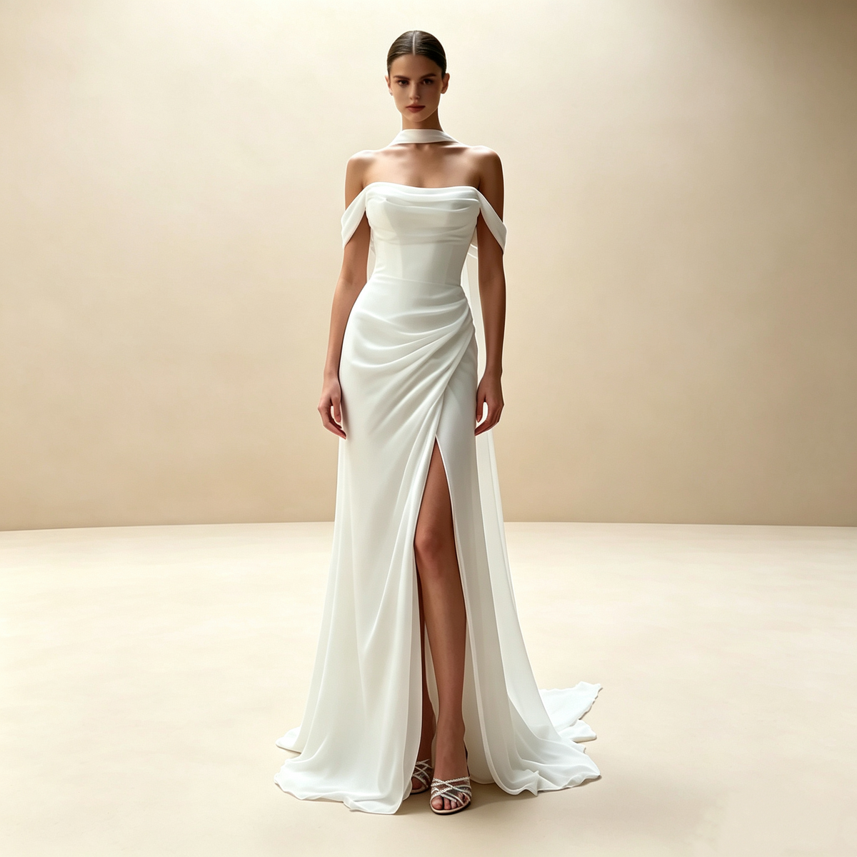 Elegantes Off‑Schulter Langkleid mit Schal‑Detail Schlitz figurbetontes Abendkleid für Damen