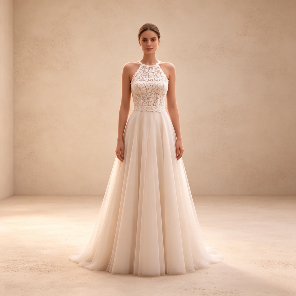 Bodenlanges Abendkleid in Elfenbein mit Spitzenoberteil, Neckholder und Tüllrock in A-Linie