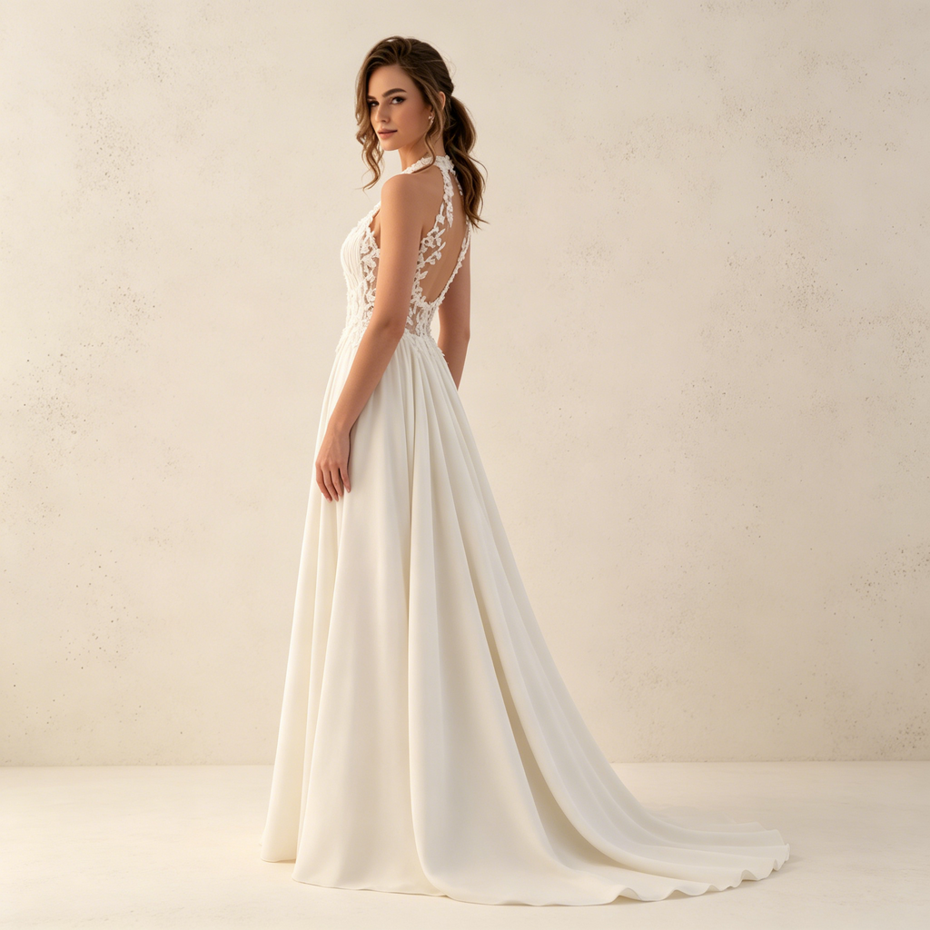 Bodenlanges Chiffonkleid mit Spitzenbesatz – Ärmelloses weißes Festkleid für Besondere Anlässe