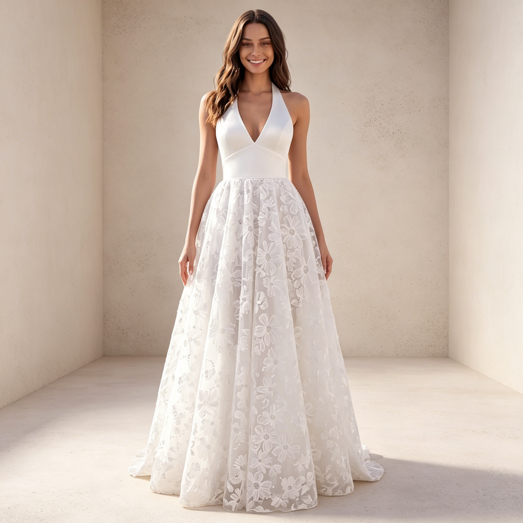 Elegantes Halterneck Abendkleid mit V-Ausschnitt – A-Linie Maxikleid mit Blumenstickerei