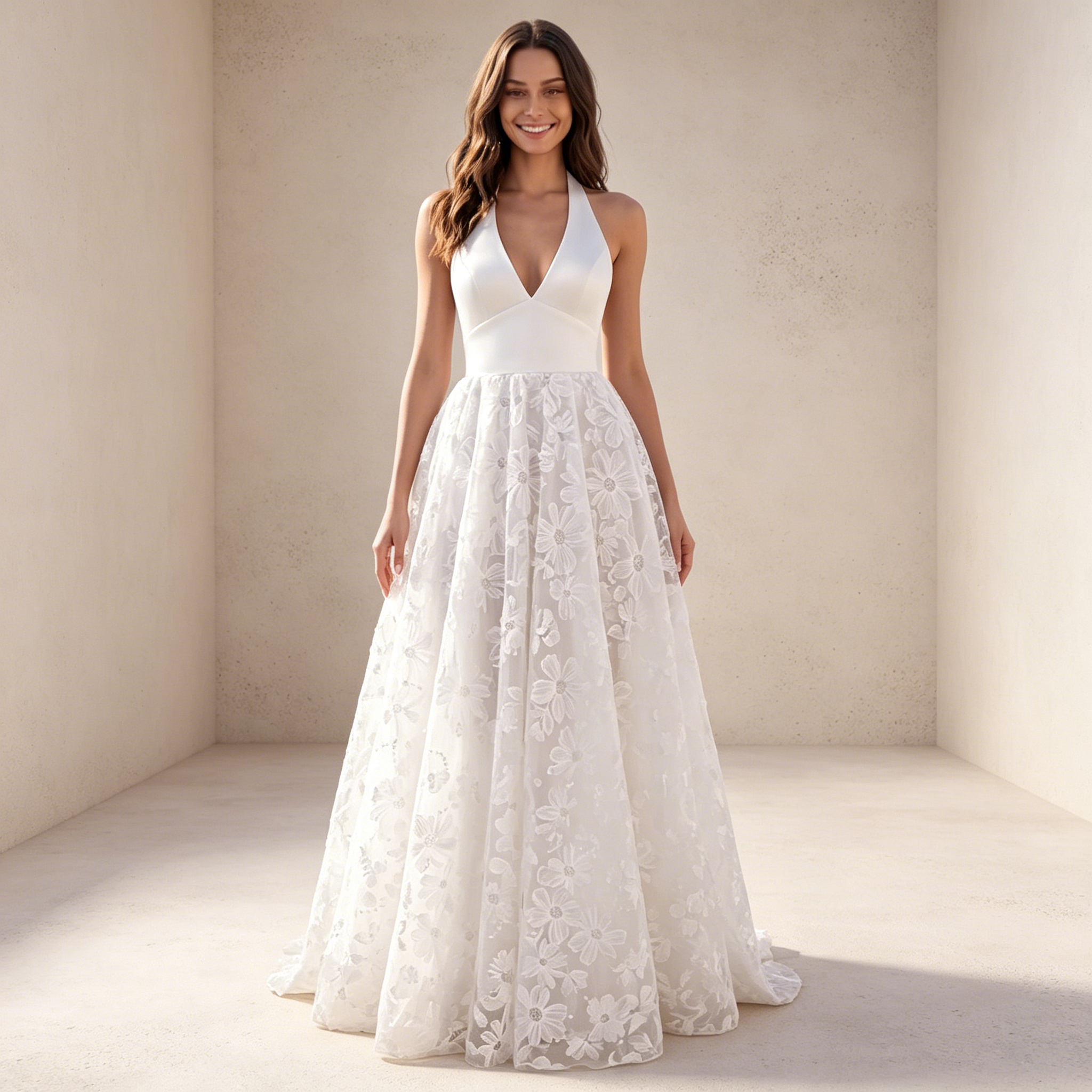 Elegantes Halterneck Abendkleid mit V-Ausschnitt – A-Linie Maxikleid mit Blumenstickerei