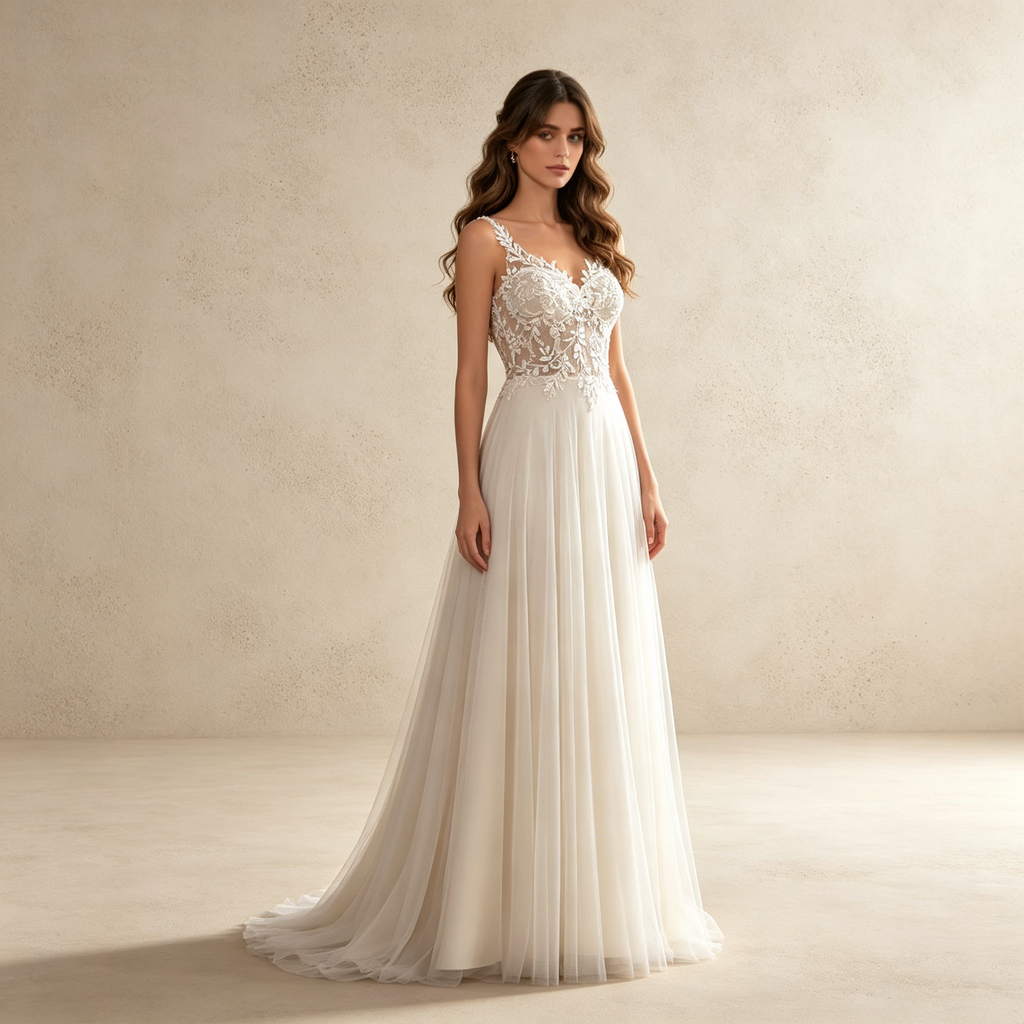 Elegant A-Linie Abendkleid mit Tüll | Träger Kleid mit Floralem Spitzen-Korsett