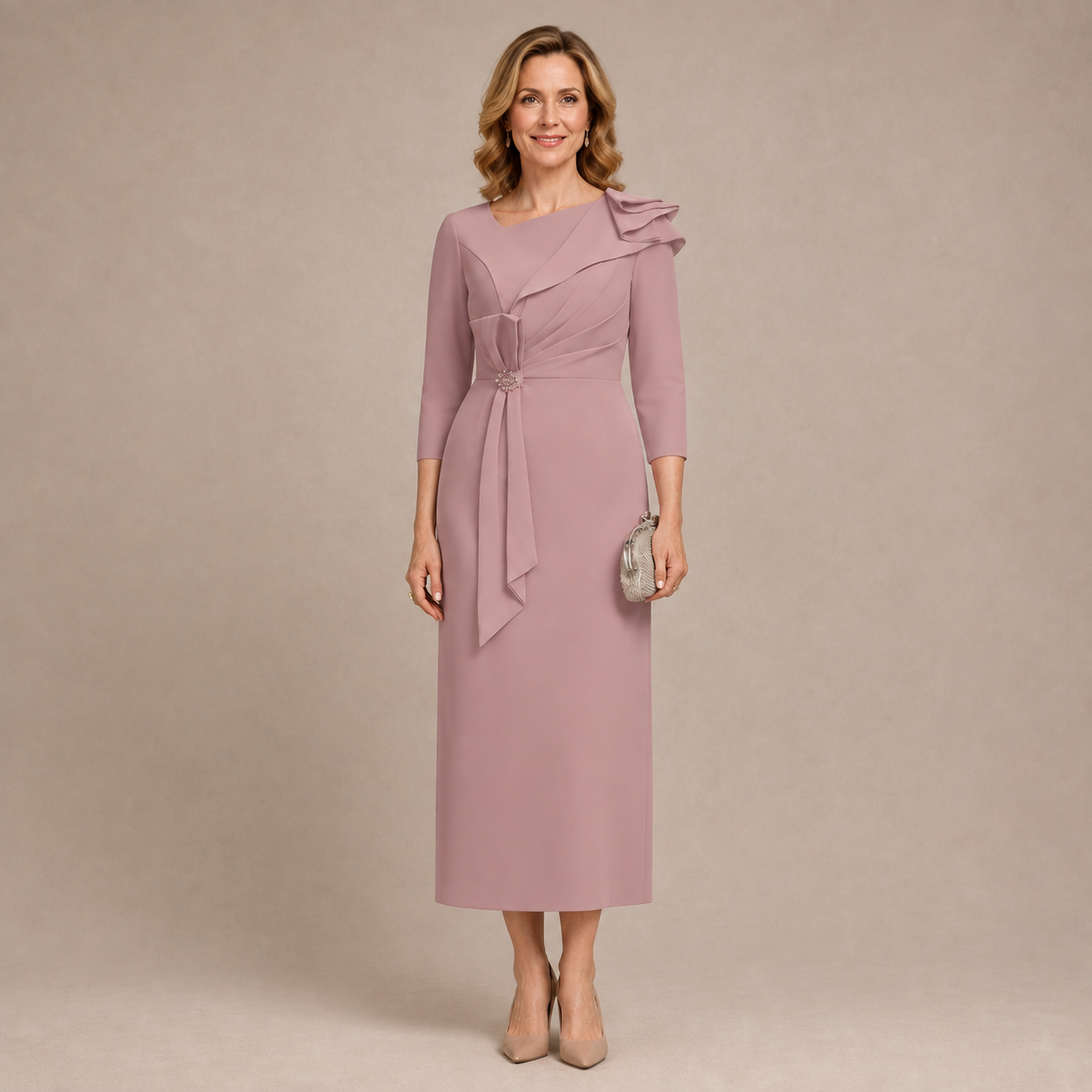 Damen Fest‑Midi‑Kleid mit dekorativer Schulterdetail, 3/4‑Arm, schmeichelnde Silhouette für formelle Events