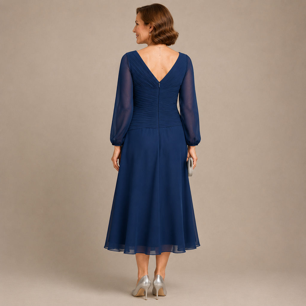 Elegantes Midi Festkleid für Damen, lange Chiffon‑Ärmel, V‑Ausschnitt, figurbetont für Gala‑Abende und formelle Events