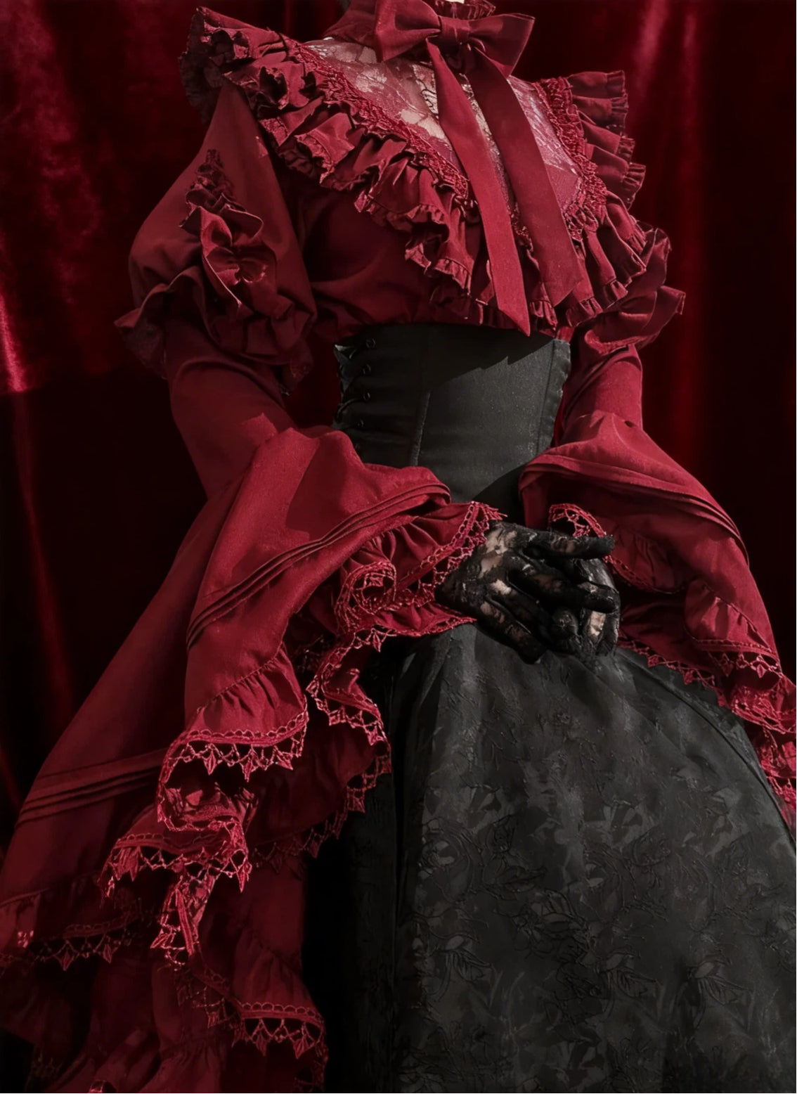 Gothic Lolita Langes Abiballkleid Schwarz Rot Set Halloween Valentinstag Spitze Bedruckt 34-44