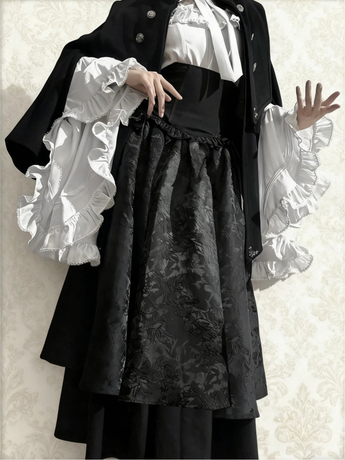 Gothic Lolita Langes Abiballkleid Schwarz Weiß Set Halloween Kostüm Spitze Bedruckt 34-44
