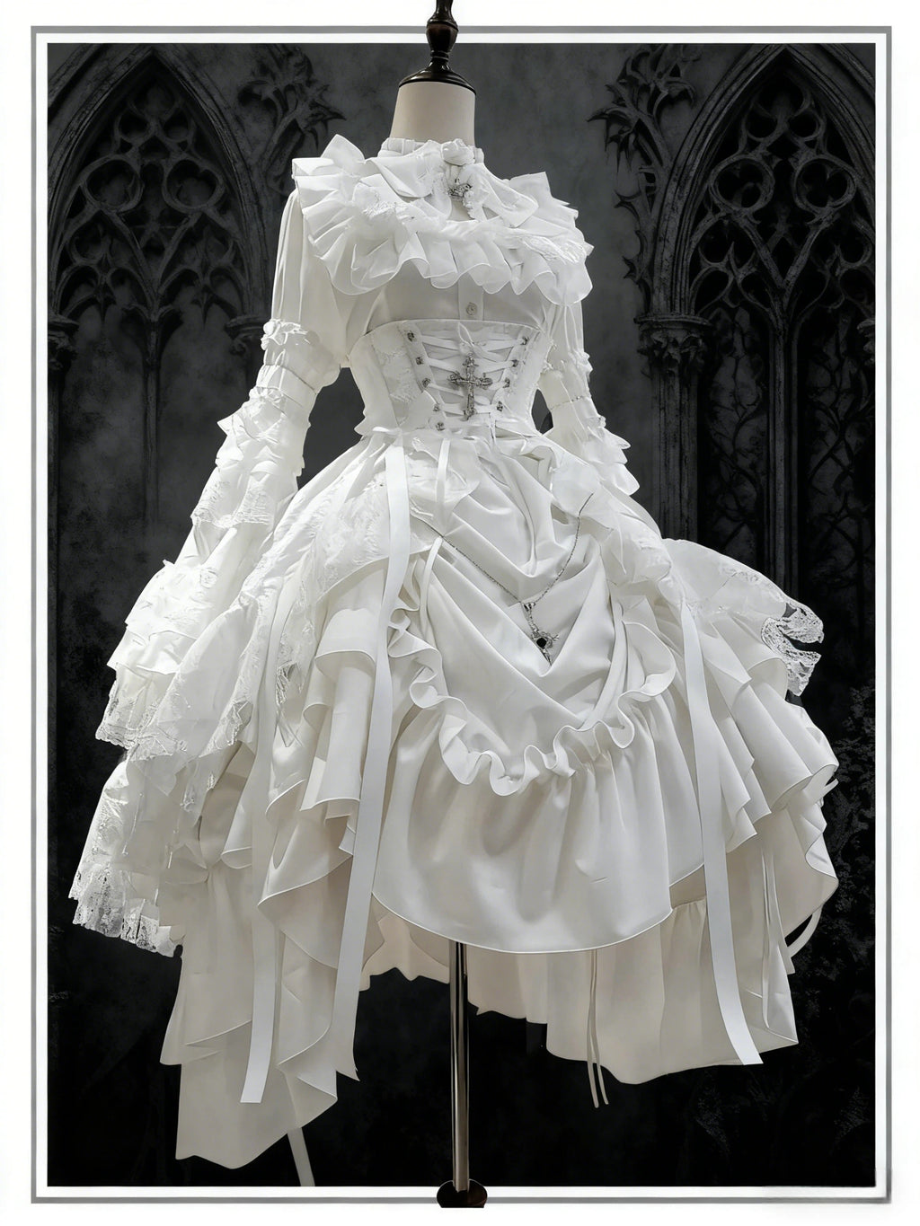 Gothic Lolita Weiß Lang Abiballkleid Mit Spitze Rüschen Rokoko Halloween Kostüm 34-40