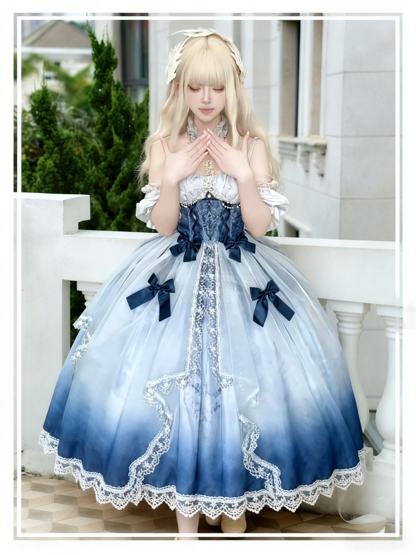 Hime Lolita Blaues Langes Ballkleid Hochzeitskleid Im Prinzessinnen Stil Für Teepartys Mit Spitzenbesatz 34-42