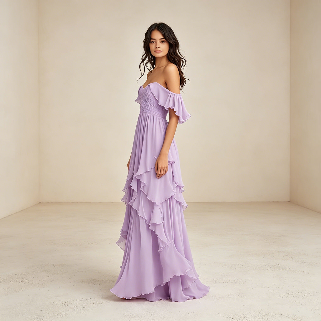 Lavendelfarbenes Off-Shoulder Abendkleid mit Volants – Elegante Chiffon-Robe