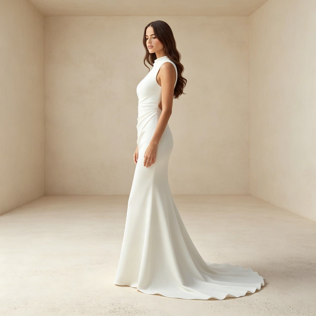 Elegantem Abendkleid mit Stehkragen – Ärmelloses Meerjungfrau-Kleid aus Satin