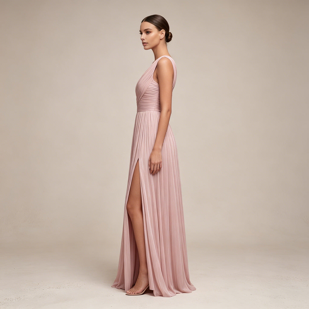 Rosa One-Shoulder Abendkleid mit Beinschlitz – Elegante Plissee-Robe