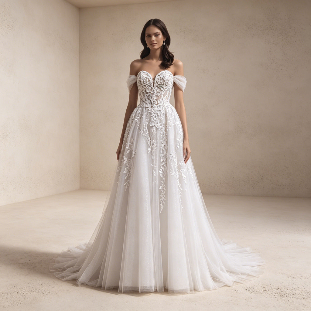 Romantisches Off-Shoulder Abendkleid mit Spitze | Bodenlanges Tüll-Maxikleid