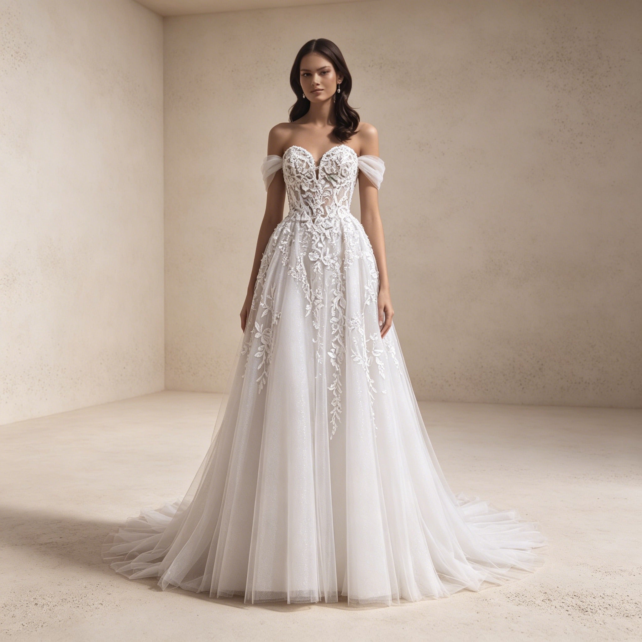 Romantisches Off-Shoulder Abendkleid mit Spitze | Bodenlanges Tüll-Maxikleid
