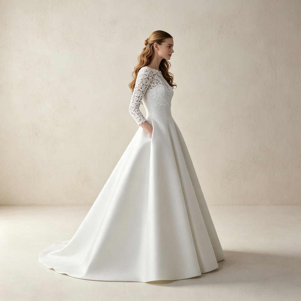 Elegantes Maxikleid mit Spitzen-Oberteil in Weiß – Langärmliges Abendkleid aus Satin