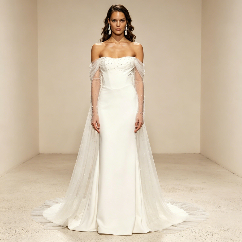 Schulterfreies Satin Abendkleid – Elegantes Maxikleid mit Perlen-Mesh-Ärmeln