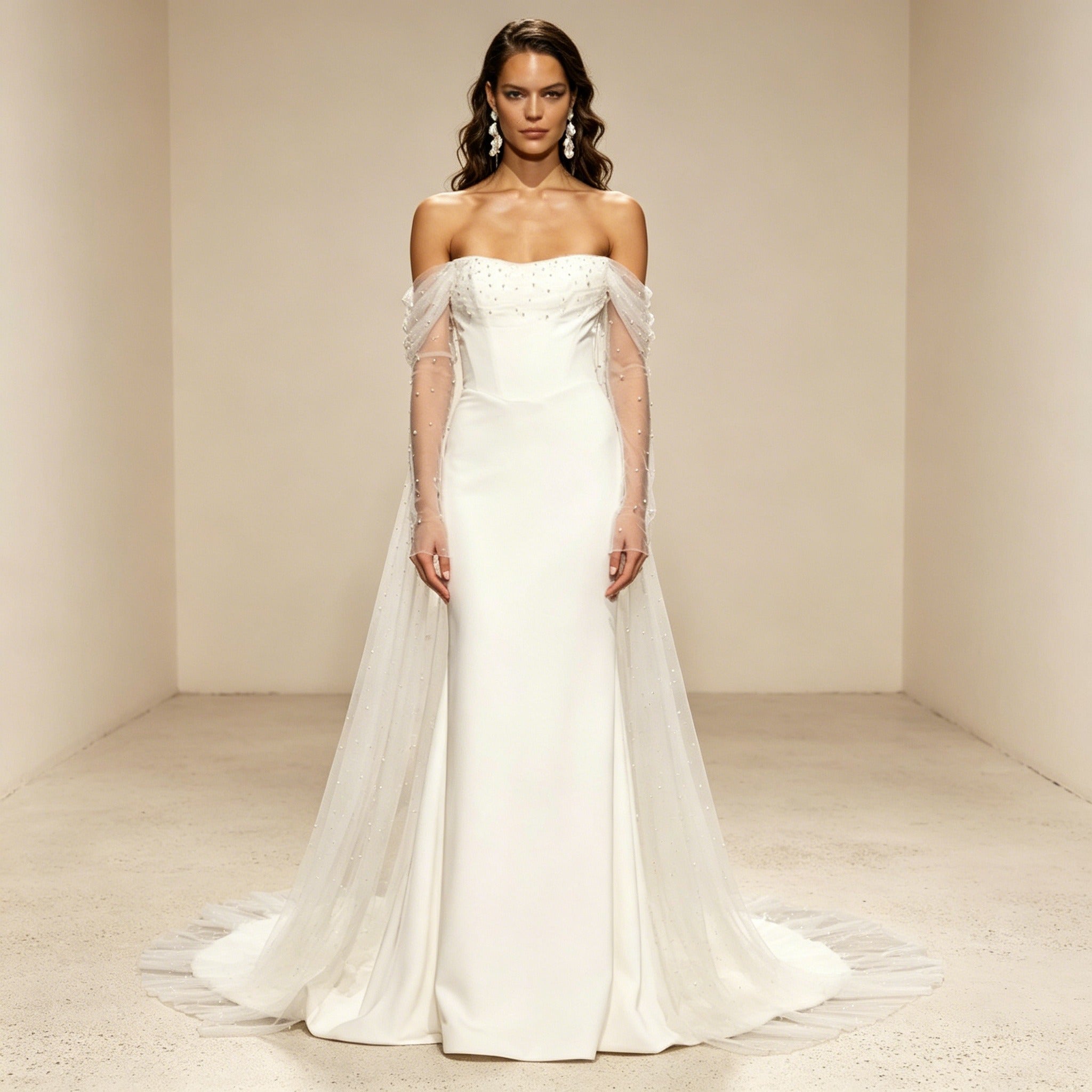 Schulterfreies Satin Abendkleid – Elegantes Maxikleid mit Perlen-Mesh-Ärmeln