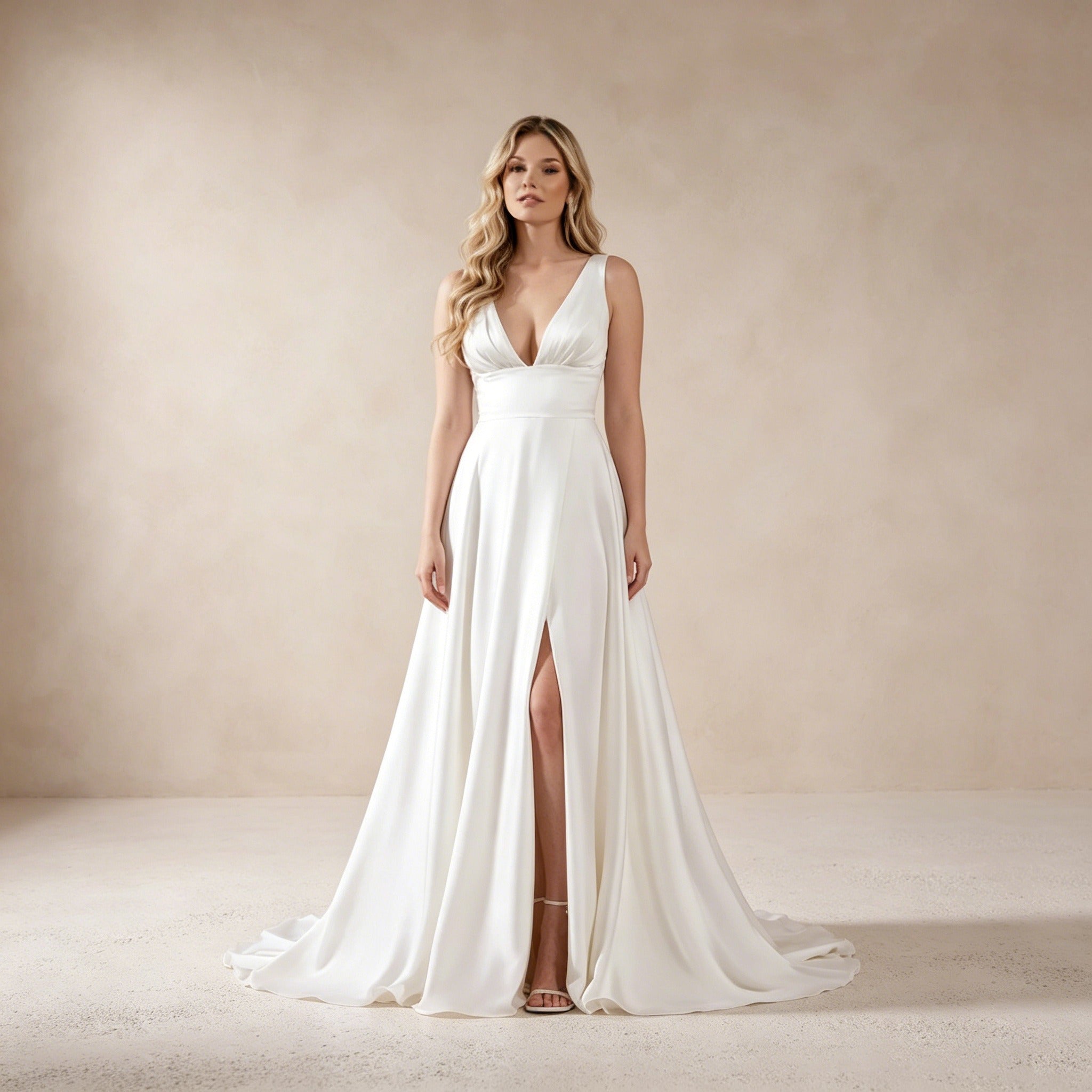 Elegantes Satin-Abendkleid mit V-Ausschnitt | Weißes Maxikleid mit Beinschlitz