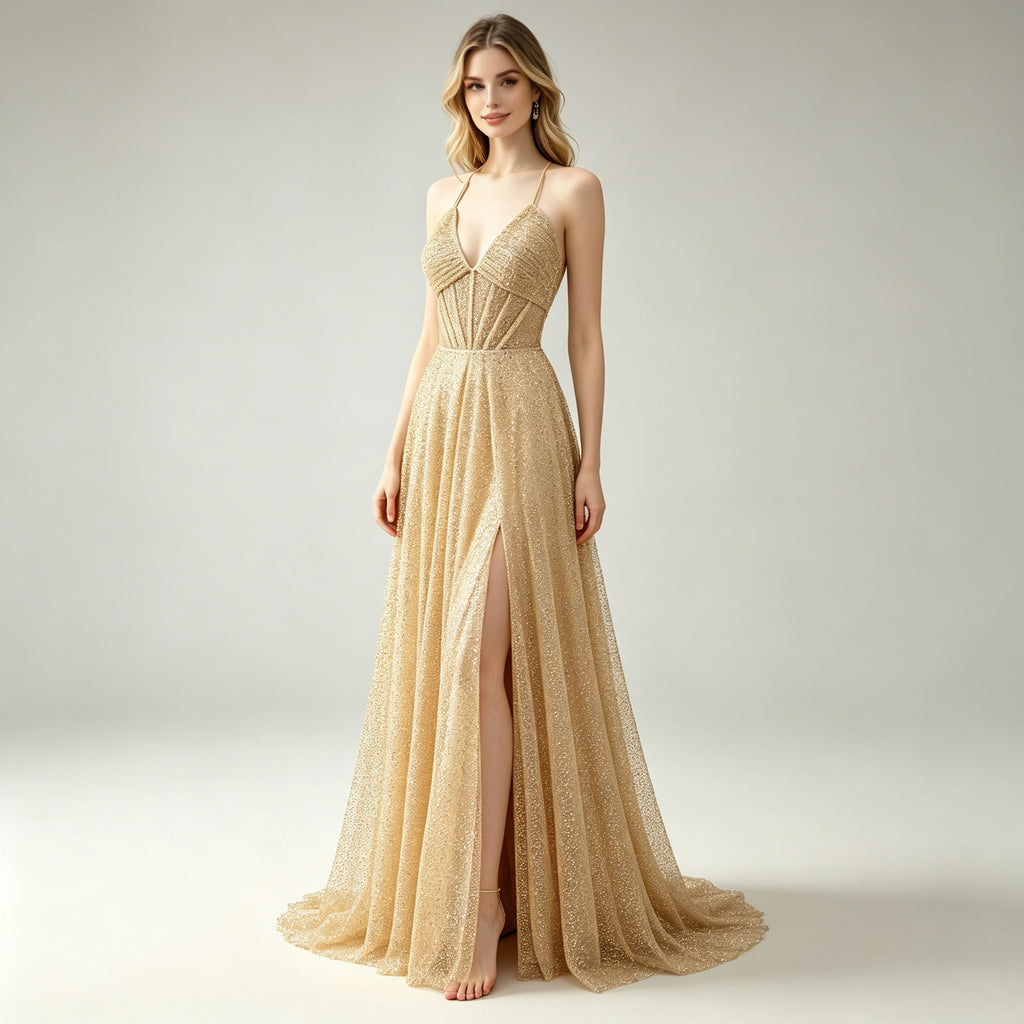 Goldene Glitzer-Abendrobe mit Beinschlitz – Elegantes Korsagenkleid mit Spaghetti-Trägern
