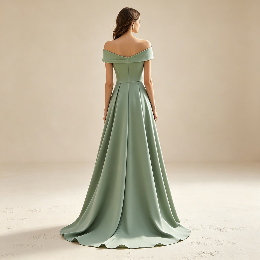 Salbeigrünes Off-Shoulder Abendkleid aus Satin – Elegante A-Linie-Robe mit Schleppe