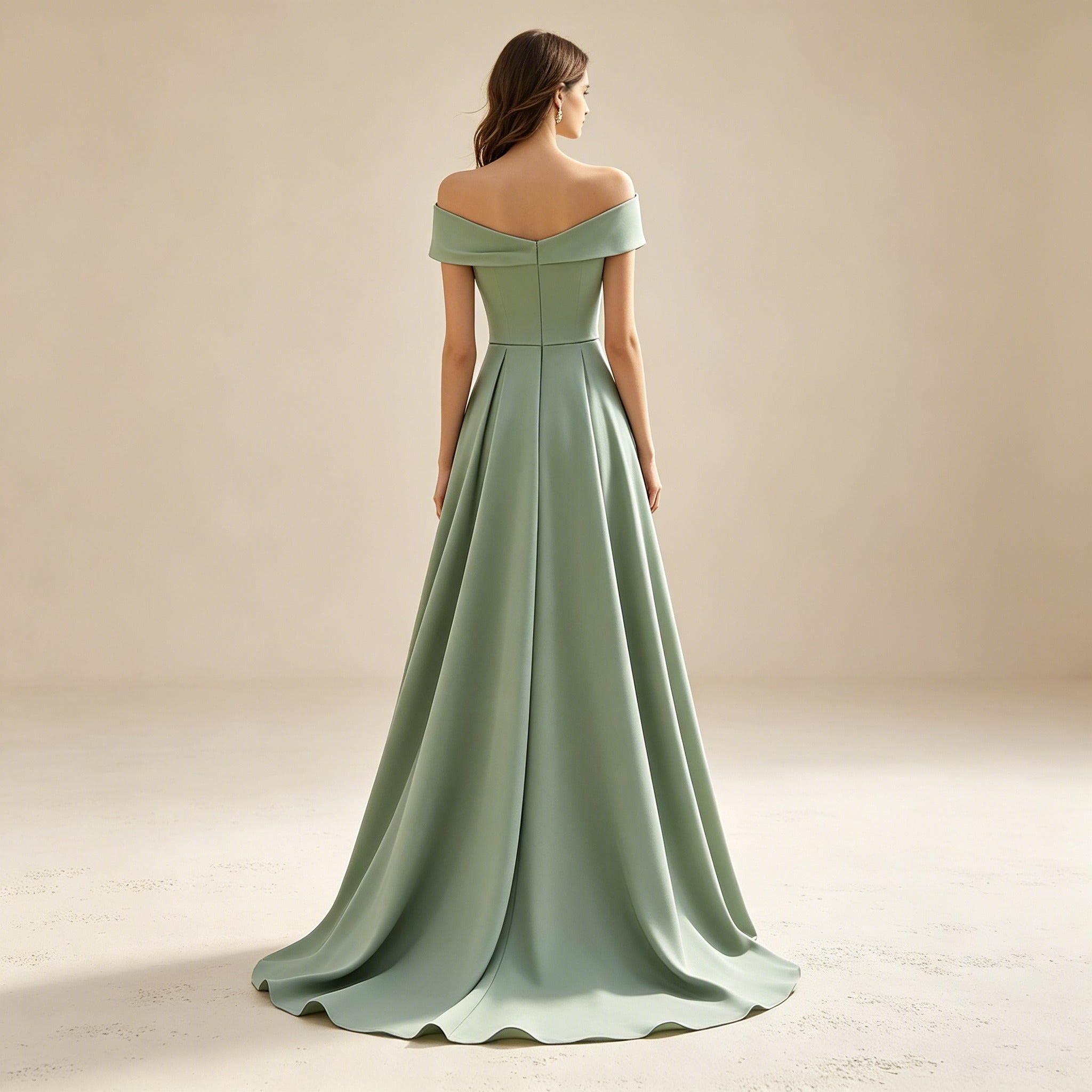 Salbeigrünes Off-Shoulder Abendkleid aus Satin – Elegante A-Linie-Robe mit Schleppe