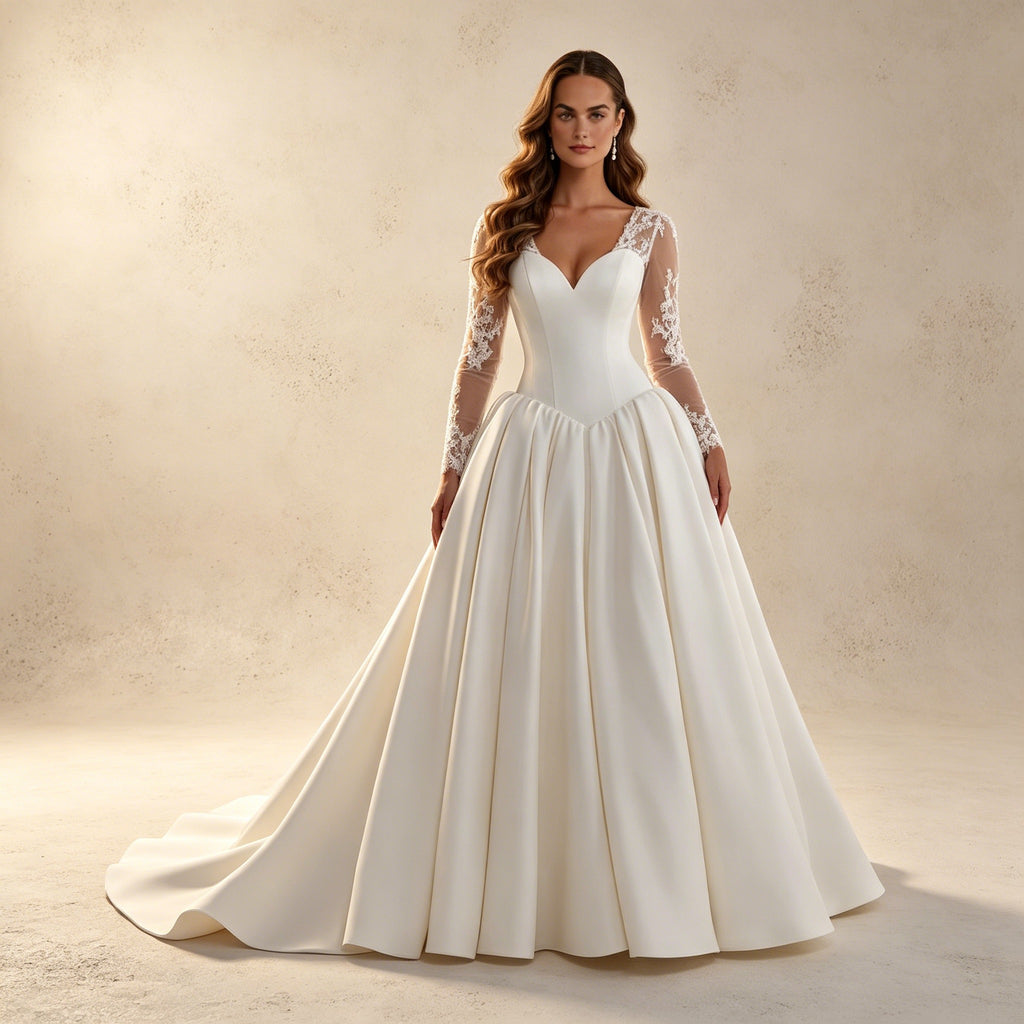 Elegantes Satin-Abendkleid mit Spitzenärmeln – Bodenlanges Ballkleid mit V-Ausschnitt
