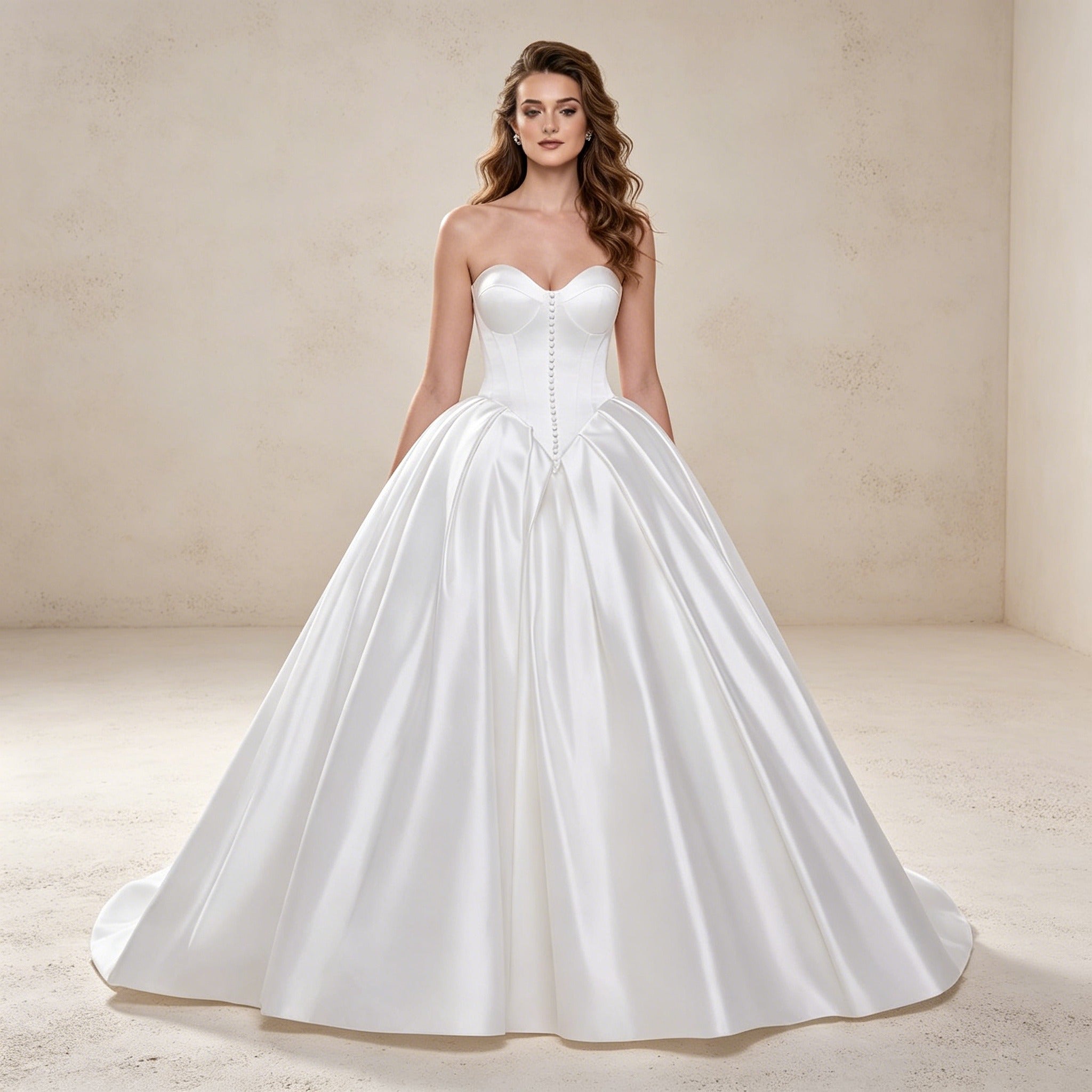 Trägerloses Satin-Abendkleid mit Zierknöpfen – Bodenlanges Ballkleid aus edlem Satin