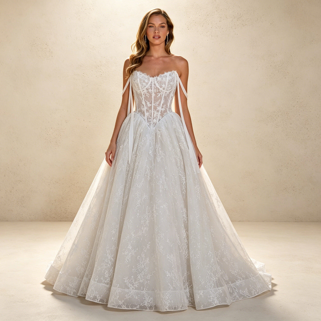 Romantisches Off-Shoulder Prinzessinnenkleid aus Spitze mit Schnürung