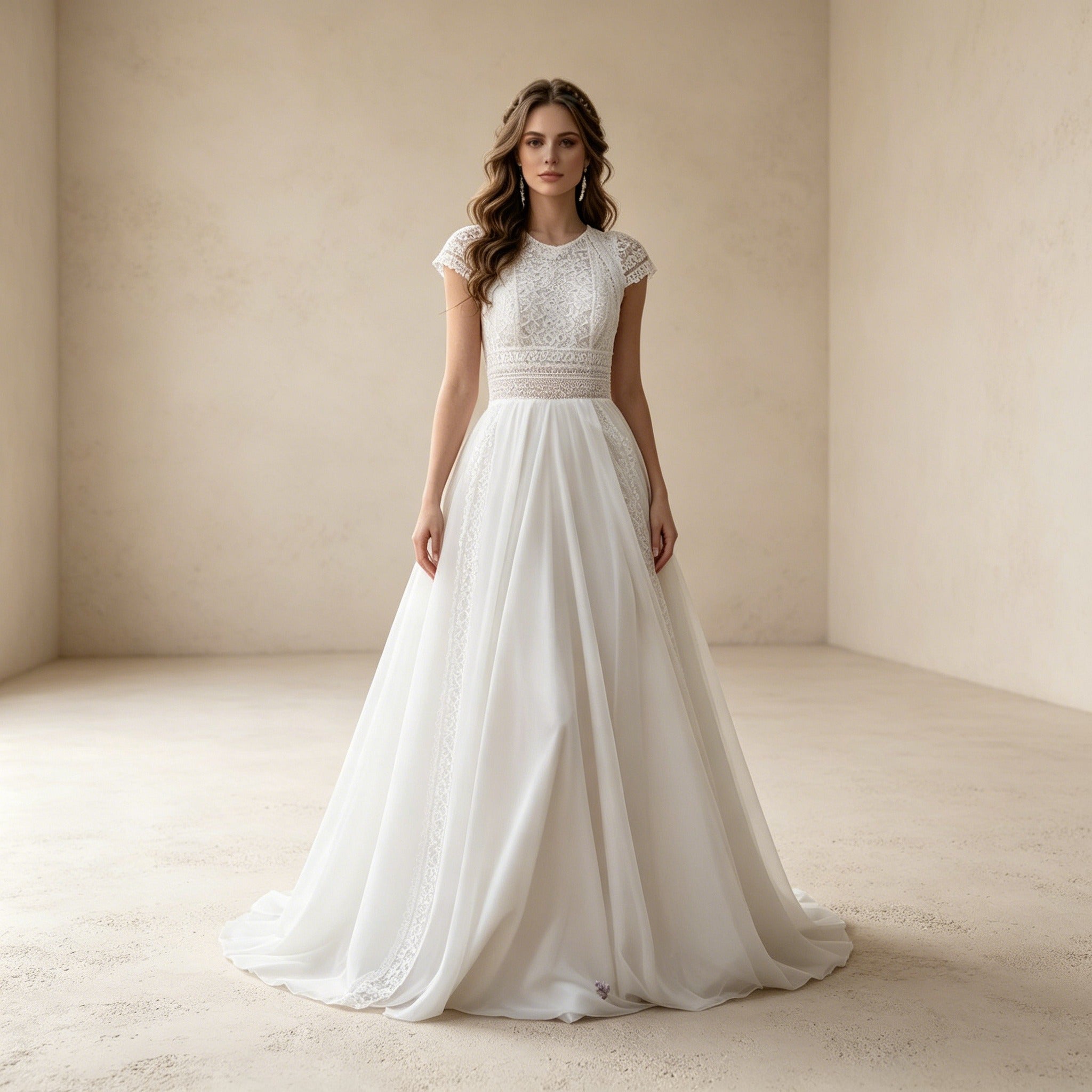 Elegantes A-Linien Abendkleid mit Boho-Spitze und Capsleeves