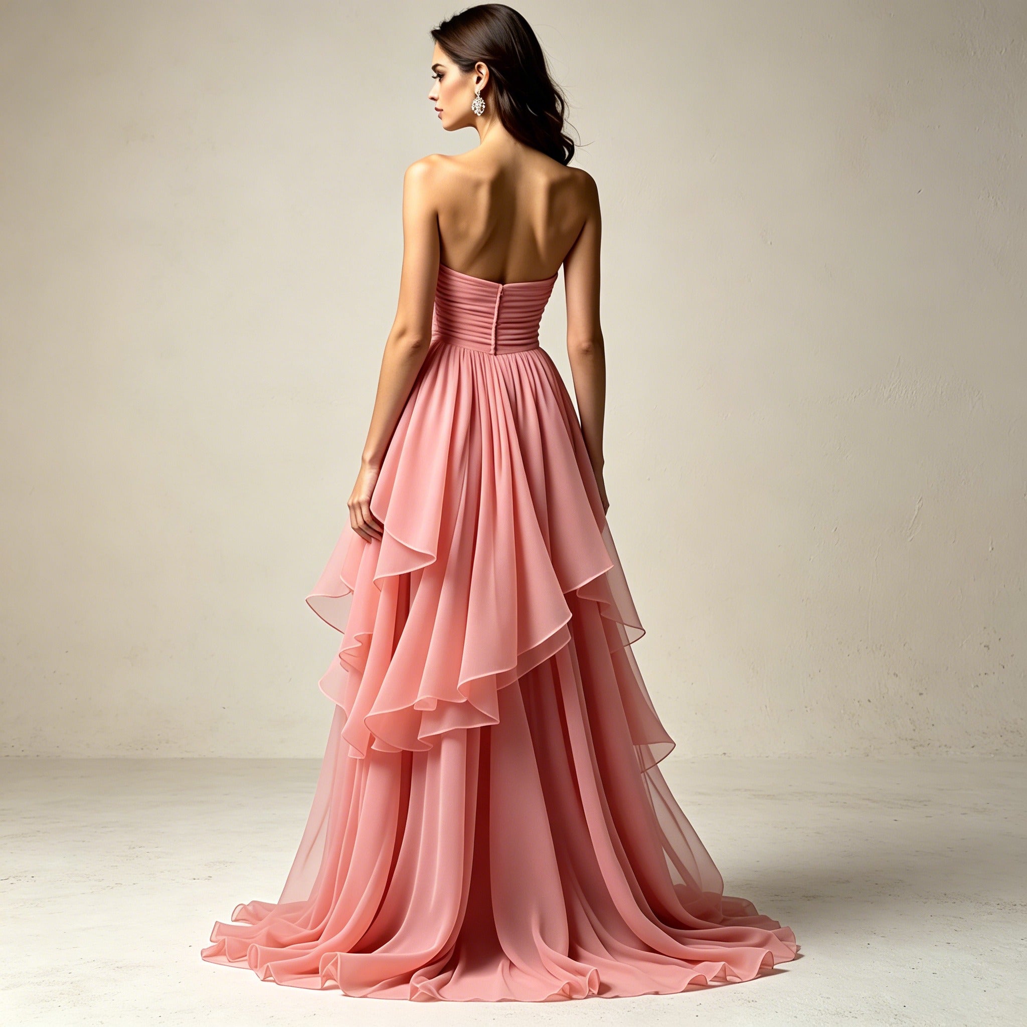 Altrosafarbene Trägerlose Abendrobe mit Volants – Elegantes Chiffonkleid