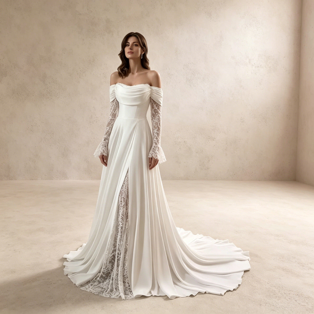 Off-Shoulder Abendkleid aus Satin mit Spitzenärmeln und Beinschlitz
