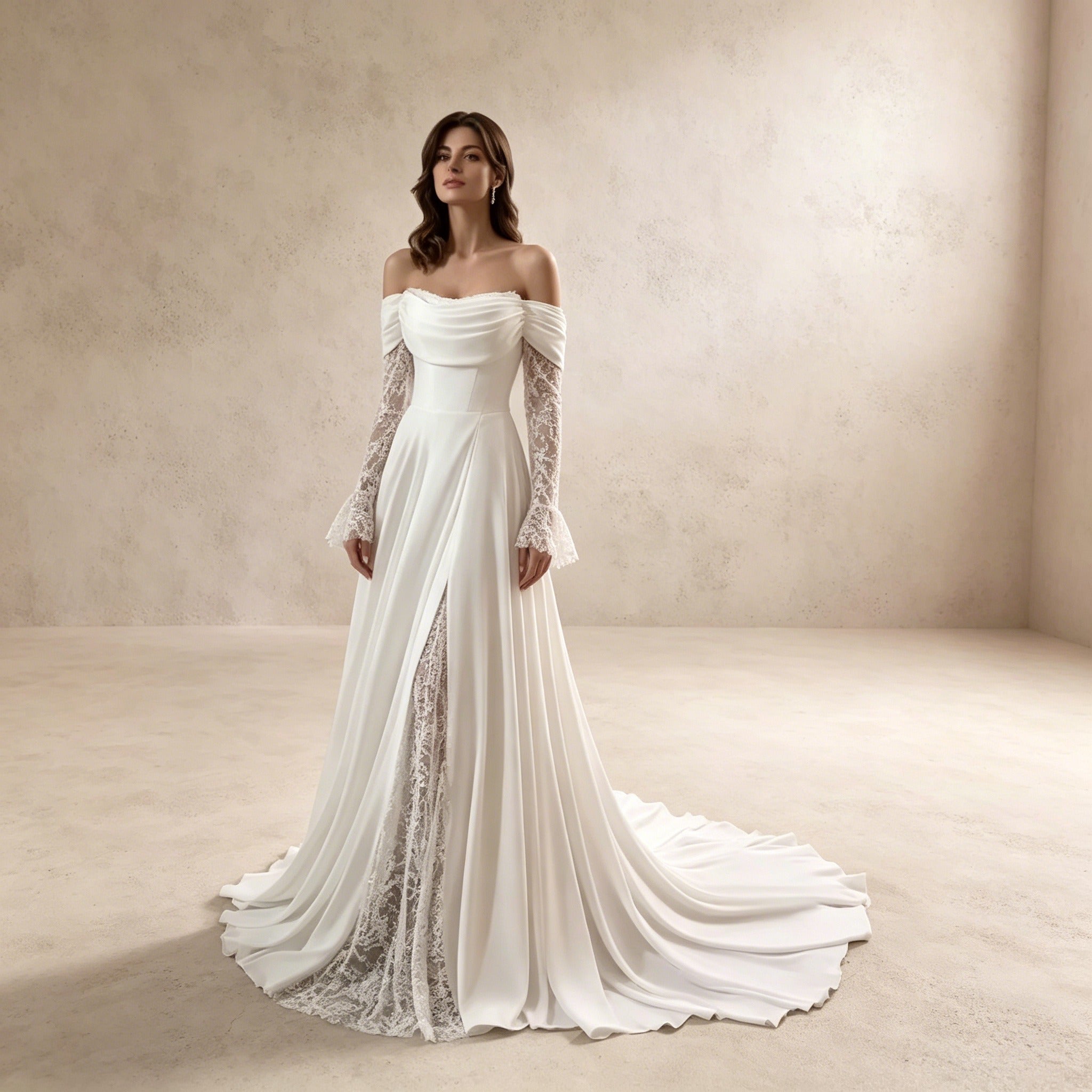 Off-Shoulder Abendkleid aus Satin mit Spitzenärmeln und Beinschlitz