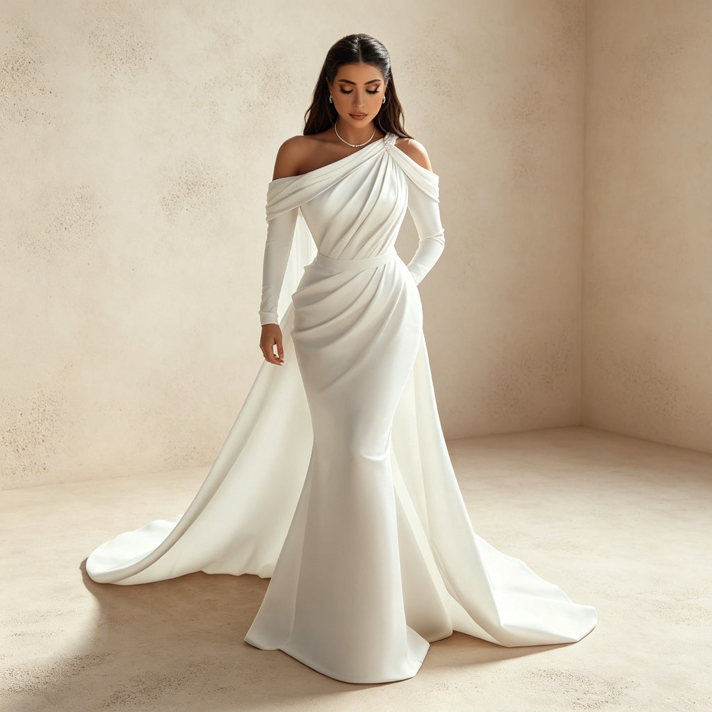 Asymmetrisches Abendkleid mit eleganter Drapierung – Figurbetontes Maxikleid in Weiß